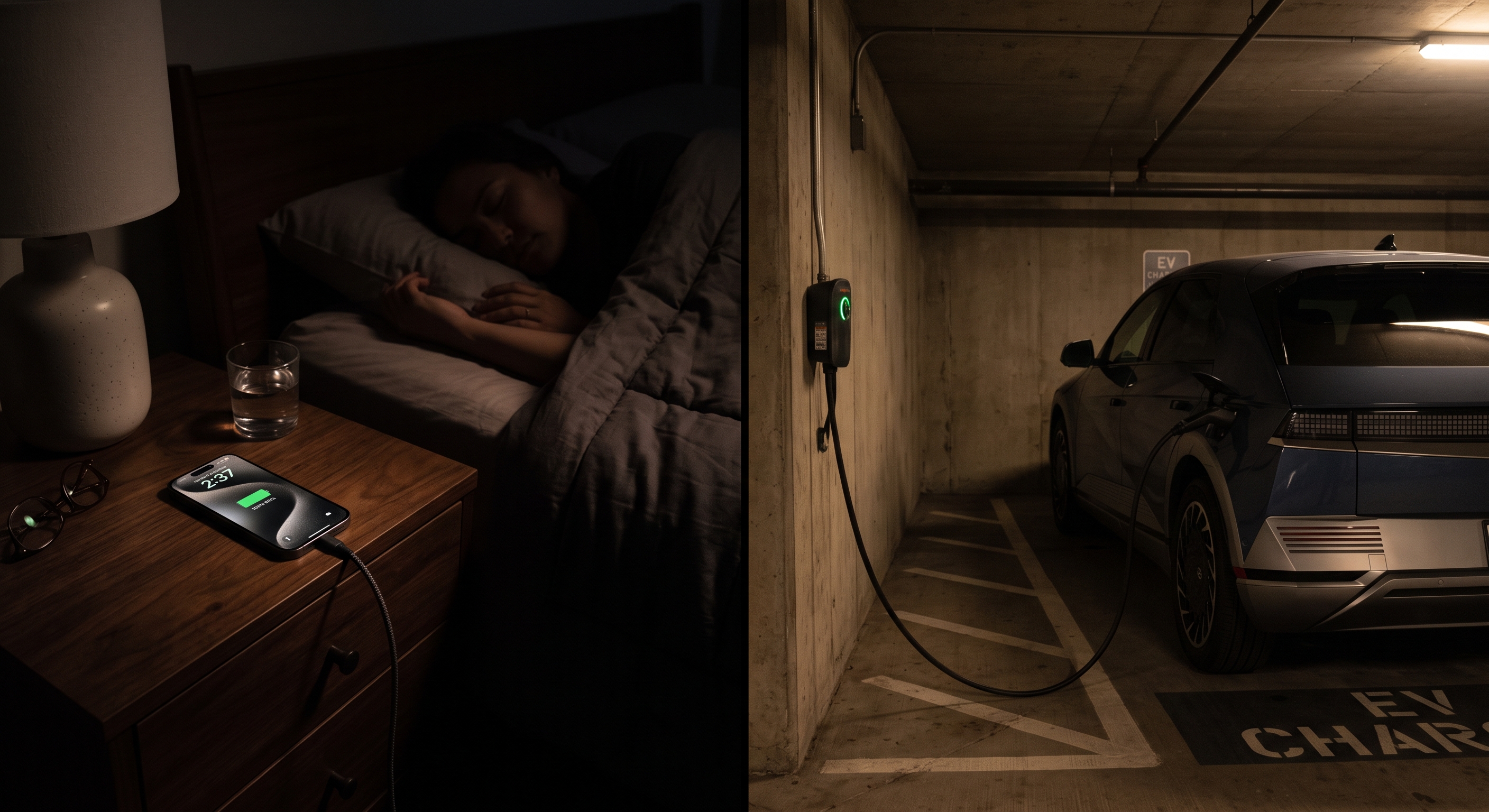Electric vehicle plugged into a Level 2 charger in an apartment parking garage at night